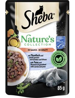 Sheba Nature's Collection in Sauce mit Thunfisch und Leinöl garniert mit Karotten und Erbsen