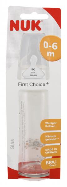 Nuk First Choice+ Glastrinkflasche Silikon Sauger Gr. 1/M