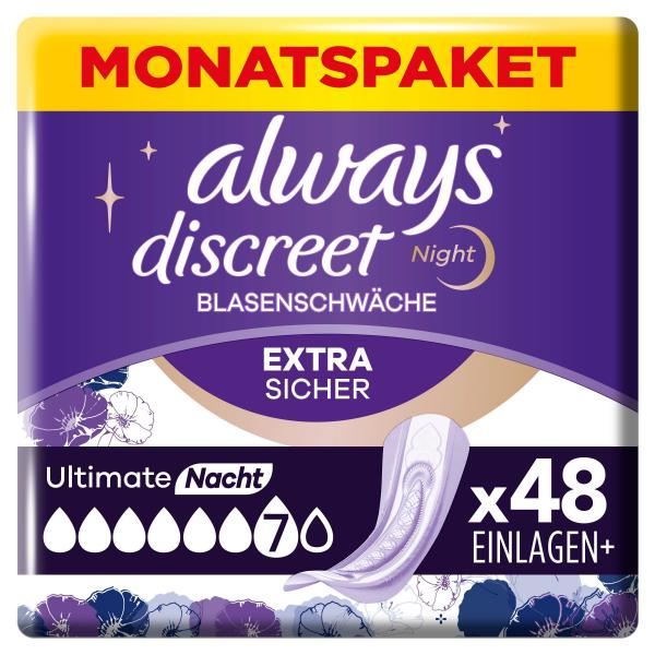 Always Discreet Ultimate Nacht Inkontinenzeinlagen für Frauen Monatspaket 48 St.
