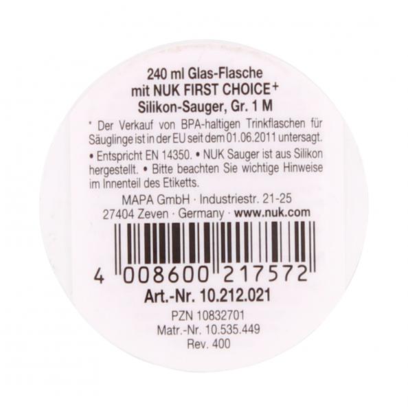 Nuk First Choice+ Glastrinkflasche mit Silikon Sauger Gr. 1/M