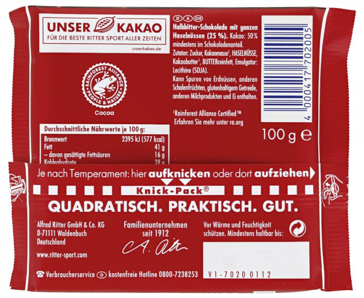 Ritter Sport Nussklasse Dunkle Voll-Nuss