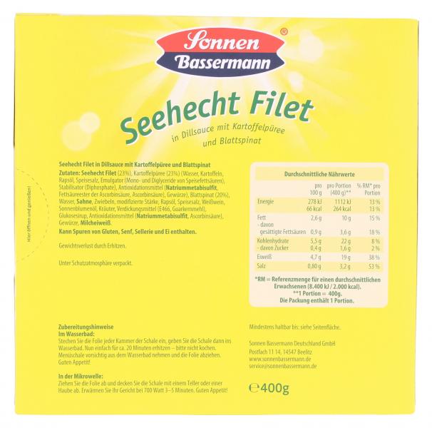 Sonnen Bassermann Seehecht Filet in Dillsauce mit Kartoffelpüree und Blattspinat