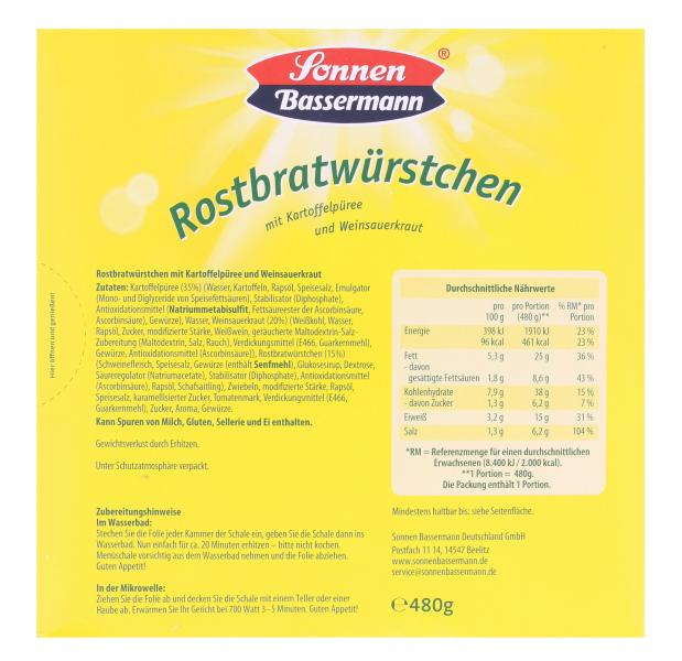 Sonnen Bassermann Rostbratwürstchen mit Kartoffelpüree und Weinsauerkraut