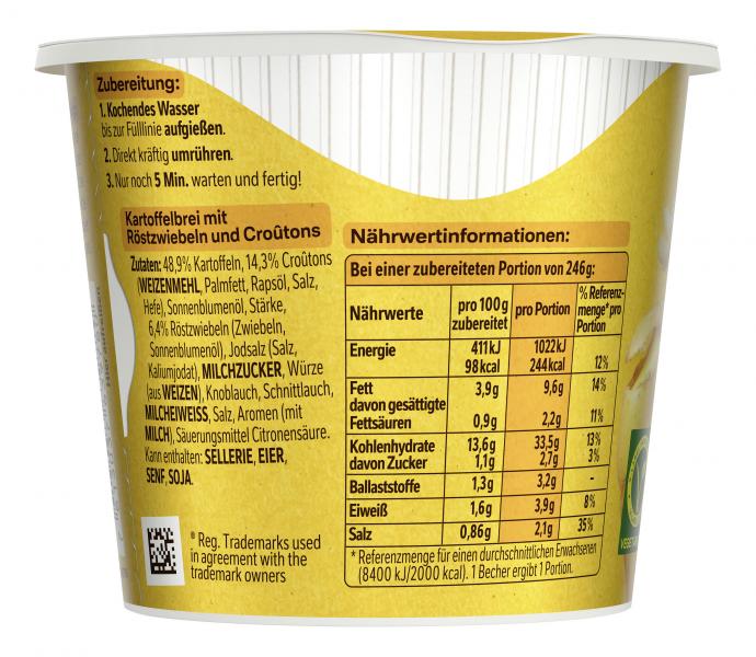 Maggi 5 Minuten Terrine Kartoffelbrei mit Röstzwiebeln & Croûtons