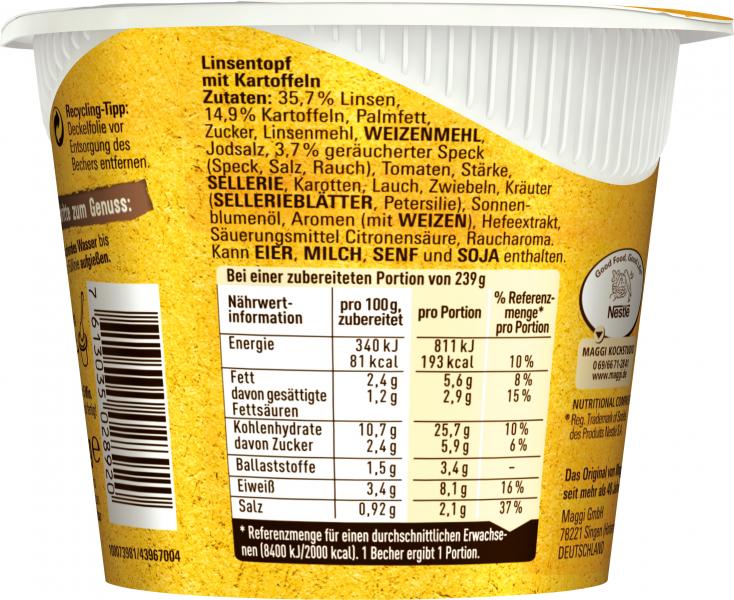 Maggi 5 Minuten Terrine Linsentopf mit Kartoffeln