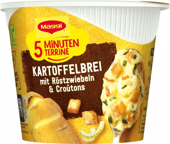 Maggi 5 Minuten Terrine Kartoffelbrei mit Röstzwiebeln & Croutons