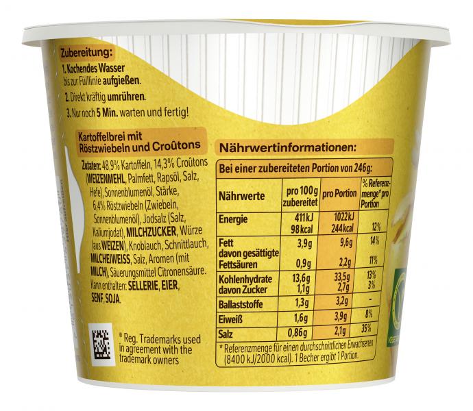 Maggi 5 Minuten Terrine Kartoffelbrei mit Röstzwiebeln & Croûtons