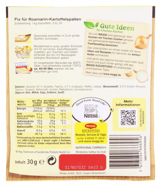 Maggi fix & frisch, Rosmarin Kartoffeln, Beutel, ergibt 4 Port.