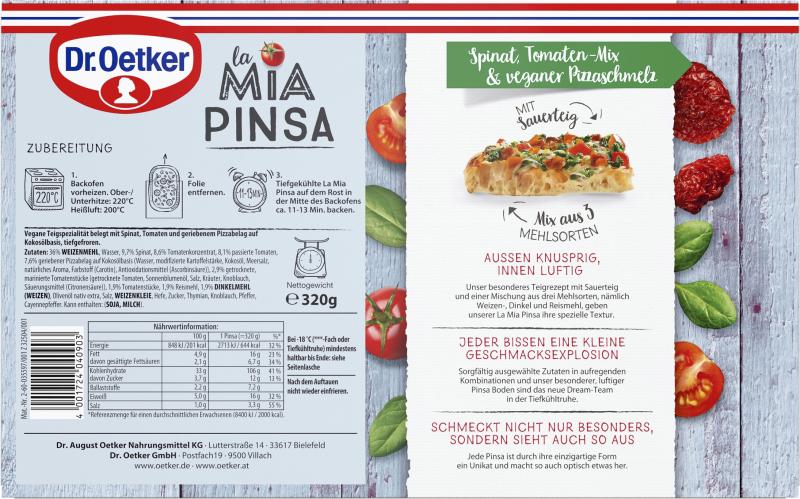 Dr. Oetker La Mia Pinsa Spinat, Tomaten-Mix & veganer Pizzaschmelz