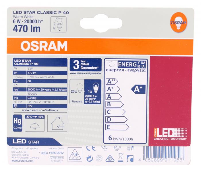 Osram LED Star Classic P40 6W 220-240V E27